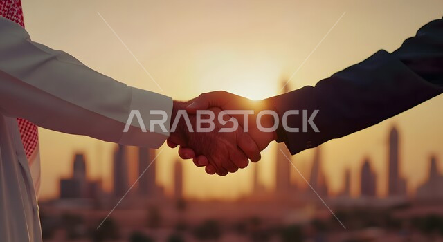 الشراكة في الأعمال والمشاريع، صداقات وتعارف وبناء علاقات اجتماعية، عقد صفقات عمل جديدة ناجحة، صورة مقربة لايدي رجلان عربيان خليجيان سعوديان يقومان بمصافحة بعضهما، توسيع مجالات العمل