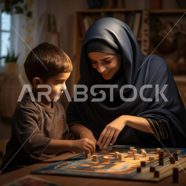 ايماءات السرور والسعادة، قضاء أوقات مسلية والاستمتاع بالأنشطة الترفيهية، أم عربية خليجية سعودية محجبة تلعب مع طفلها،  الانشطة الترفيهية وتعزيز الروابط الأسرية، الاهتمام والاعتناء بالأولاد