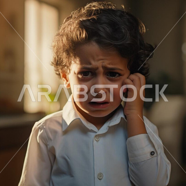 Looking at the camera, the concept of feeling anxious, childhood problems, behavioral and emotional disorders, symptoms of psychological illness, a Saudi Gulf Arab boy puts his hand on his cheek with gestures of sadness and depression.