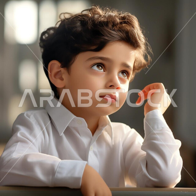 النظر إلى مكان ما، التمعن والتفكر للتخطيط للمستقبل, إيجاد حل لمشكلة, إيماءات تدل على التفكير بشيء ما، طفل عربي سعودي خليجي يرتدي الثوب السعودي، الاهتمام بالأناقة والمظهر الخارجي للأولاد