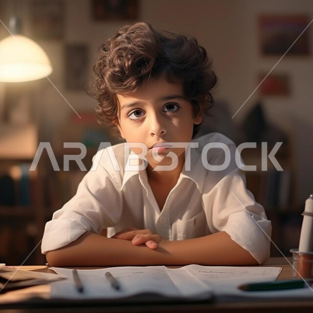 النظر إلى الكاميرا  بإيماءات العبوس والملل، الشعور والاحساس بالضجر والارهاق، ولد عربي خليجي سعودي يرتدي الثوب التقليدي ويجلس على طاولة الدراسة، إنتظار شيء ما، التفكير وشرود الذهن