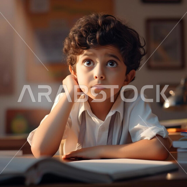 الشعور والاحساس بالضجر والارهاق، التفكير وشرود الذهن، النظر إلى الأعلى بإيماءات العبوس والملل، ولد عربي خليجي سعودي يرتدي الثوب التقليدي ويجلس على طاولة الدراسة، إنتظار شيء ما