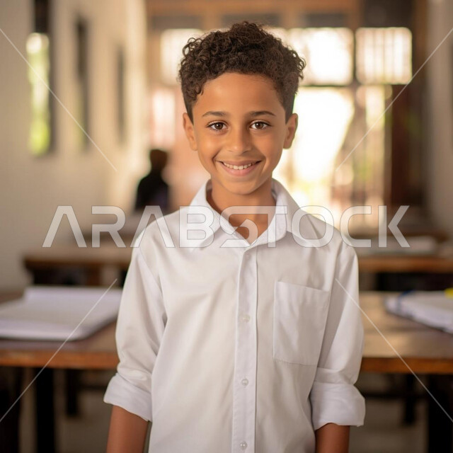  ايماءات السعادة والسرور، المشاركة والتفاعل داخل الفصل الدراسي، طالب عربي خليجي سعودي مبتسم يرتدي الثوب التقليدي ينظر إلى الكاميرا، التربية والتعليم بالمناهج المقررة للطلاب في المملكة العربية السعودية