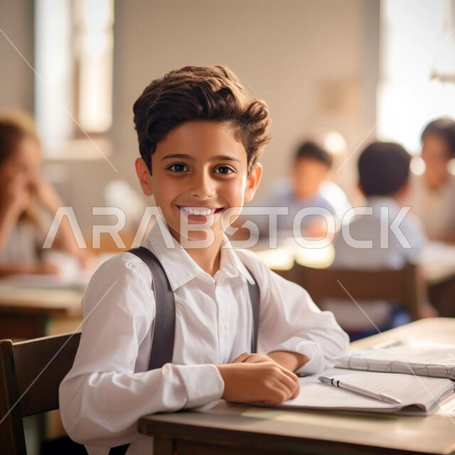 المشاركة والتفاعل داخل الفصل الدراسي، ايماءات السعادة والسرور،  طالب عربي خليجي سعودي مبتسم يرتدي الثوب التقليدي ينظر إلى الكاميرا، التربية والتعليم بالمناهج المقررة للطلاب في المملكة العربية السعودية