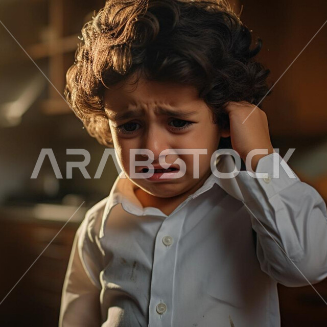 مشكلات مرحلة الطفوله، النظر إلى مكان ما، مفهوم الشعور بالقلق، اضطرابات سلوكيه وعاطفيه، اعراض الامراض النفسية، ولد عربي خليجي سعودي يضع يده على خده بايماءات الحزن والاكتئاب