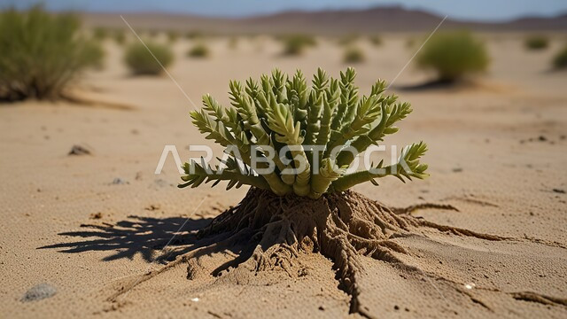 المناظر الطبيعية للرمال والذهبية الناعمة، النباتات الصحراوية ذات الجذور العميقة، البيئة الجافة والقاسية في الصحراء بالمملكة العربية السعودية، خلفية الطبيعة