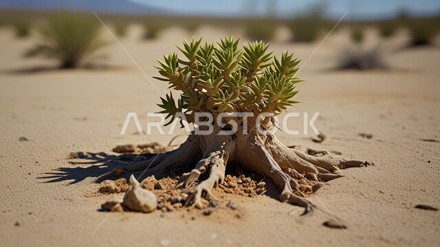 النباتات الصحراوية ذات الجذور العميقة، البيئة الجافة والقاسية في الصحراء بالمملكة العربية السعودية، المناظر الطبيعية للرمال والذهبية الناعمة، خلفية الطبيعة