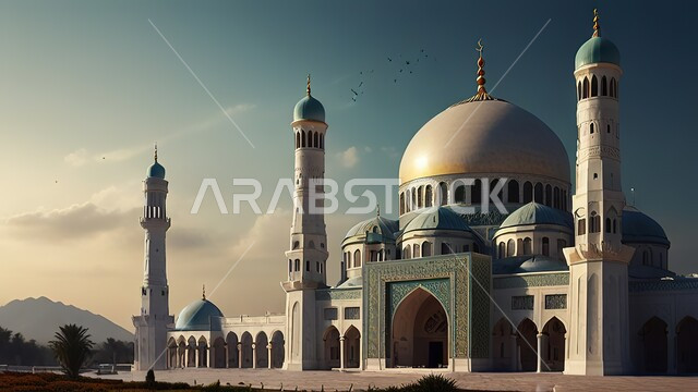 مجسم ثلاثي الأبعاد لمسجد عريق، الفن الهندسي المعماري للقبب والمآذن، دعوة المسلمين للصلاة والعبادة والتقرب الى الله، مساجد بديكورات حديثة وفاخرة