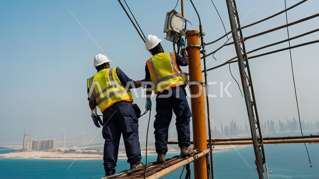 Industrial engineering and equipment, oil and gas refining plant in the middle of the sea, Dukhan refinery, factories and laboratories in the Kingdom of Saudi Arabia, two industrial workers wearing helmets and protective vests carrying out petroleum extraction operations, petrochemical industries and projects.