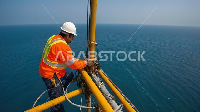 عامل صناعي يرتدي الخوذة وسترة الحماية يقوم بعمليات استخراج البترول، صناعات ومشاريع بيتروكيماوية، هندسات ومعدات صناعية, مصنع تكرير النفط والغاز وسط البحر، مصفاة دخان المعامل، مصانع ومعامل المملكة العربية السعودية