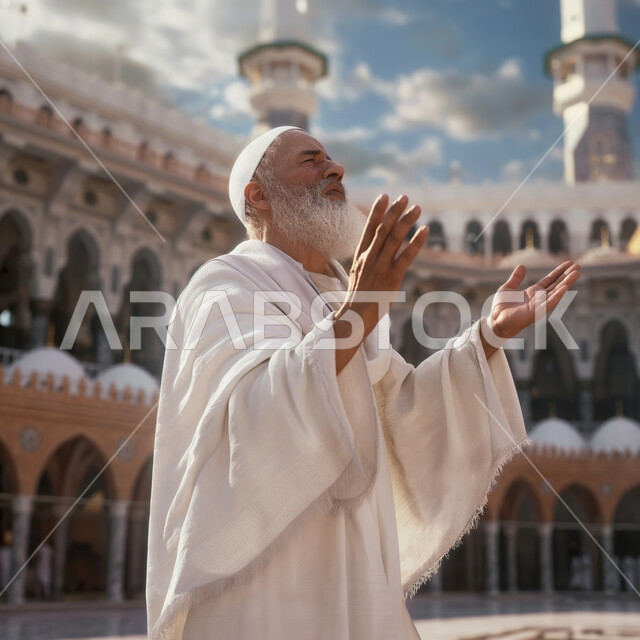 Performing Hajj and Umrah rituals, an elderly Saudi Gulf Arab man stands in the Holy Mosque in Mecca, raising his hands with gestures of supplication and supplication to God Almighty, sacred Islamic places and landmarks.