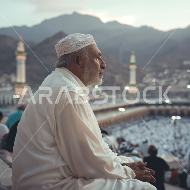 العبادة والتقرب إلى الله تعالى، مفهوم الخشوع في الدعاء، أداء مناسك الحج والعمرة، رجل مسن عربي خليجي سعودي يرتدي عباءة بيضاء يجلس في الحرم المكي الشريف في مكة المكرمة، أماكن ومعالم إسلامية مقدسة