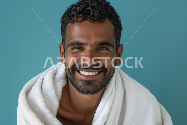 Looking at the camera with gestures of enthusiasm and pleasure to perform the Umrah rituals, a close-up portrait of a smiling Saudi Gulf Arab Muslim man wearing Ihram clothes, preparing to go to Hajj, the concept of worship and getting closer to God Almighty, blue background