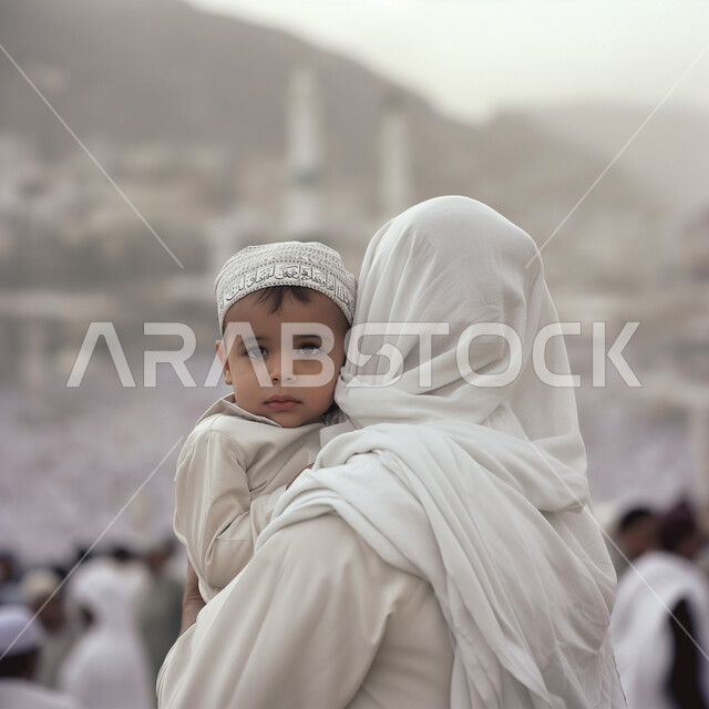 أداء مناسك الحج والعمرة، العبادة والتقرب إلى الله تعالى، زيارة الأماكن الدينية، أماكن ومعالم إسلامية مقدسة، صورة مقربة من الخلف لامرأة عربية خليجية سعودية محجبة ترتدي عباءة بيضاء تقف الحرم المكي الشريف في مكة المكرمة تحمل طفلها بين ذراعيها