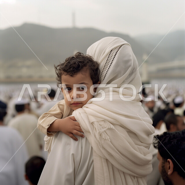 العبادة والتقرب إلى الله تعالى، أداء مناسك الحج والعمرة، زيارة الأماكن الدينية، أماكن ومعالم إسلامية مقدسة، صورة مقربة من الخلف لامرأة عربية خليجية سعودية محجبة ترتدي عباءة بيضاء تقف الحرم المكي الشريف في مكة المكرمة تحمل طفلها بين ذراعيها