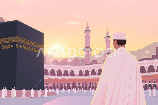 رسوم توضيحية ثلاثية الابعاد لرجل عربي خليجي سعودي يرتدي ثوب تقليدي ابيض يقف في ساحة الحرم المكي الشريف في وقت غروب الشمس، أماكن ومعالم اسلامية دينية مقدسة، العبادة والتقرب إلى الله، أداء مناسك الحج والعمرة، خلفية الكعبة
