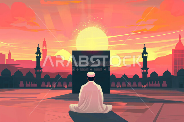 Sacred Islamic religious places and landmarks, 3D illustrations of a Saudi Gulf Arab man wearing a white traditional dress sitting in the courtyard of the Holy Mosque in Mecca at sunset, worship and getting closer to God, performing Hajj and Umrah rituals, Kaaba background