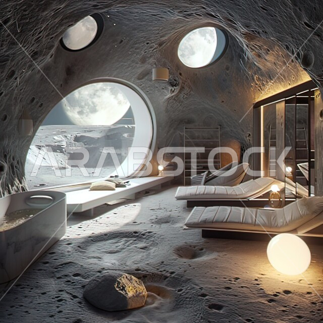 النوافذ الزجاجية المطلة على الكواكب، مفهوم الملاحة الجوية والفضاء الخارجي، صورة ثلاثية الأبعاد للديكور الداخلي لمركبة فضائية حديثة على سطح القمر، الأثاث العصري الراقي