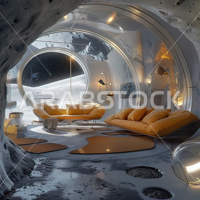 مفهوم الملاحة الجوية والفضاء الخارجي، صورة ثلاثية الأبعاد للديكور الداخلي لمركبة فضائية حديثة على سطح القمر، الأثاث العصري الراقي، النوافذ الزجاجية المطلة على الكواكب 