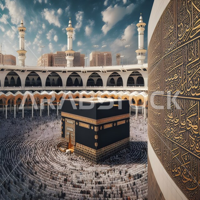 معالم دينية إسلامية، المسلمين الحجاج يؤدون الصلاة حول الكعبة المشرفة في مكة المكرمة، العبادة والتقرب إلى الله، أداء مناسك الحج والعمرة، الحرم المكي الشريف في المملكة العربية السعودية