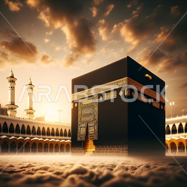 The sky full of clouds over the Holy Kaaba in Mecca, Islamic religious monuments, sunset view in the Holy Mosque of Mecca in the Kingdom of Saudi Arabia, worship and getting closer to God, performing Hajj and Umrah rituals
