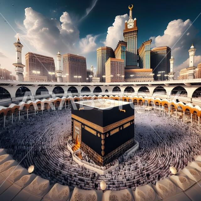 المسلمين الحجاج يؤدون الصلاة حول الكعبة المشرفة في مكة المكرمة، الأبراج وناطحات السحاب المطلة على الحرم المكي الشريف بالمملكة العربية السعودية، العبادة والتقرب إلى الله، أداء مناسك الحج والعمرة، معالم دينية إسلامية