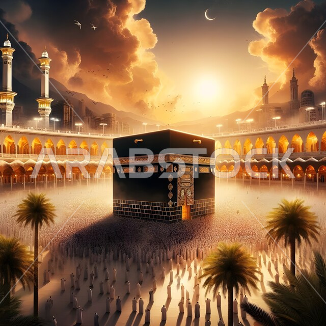 A view of Islamic religious monuments, a view of the sunset in the Holy Mosque of Mecca in the Kingdom of Saudi Arabia, Muslim pilgrims performing prayers around the Holy Kaaba in Mecca, worship and getting closer to God, performing Hajj and Umrah rituals