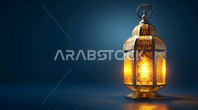 فانوس معدني مزخرف مضيئ، الاكسسوارات والزينة العربية والفن الإسلامي، تحف اسلامية تقليدية للاحتفال بقدوم شهر الخير، أنوار وديكورات في الأجواء الرمضانية الروحانية، خلفية غامقة
