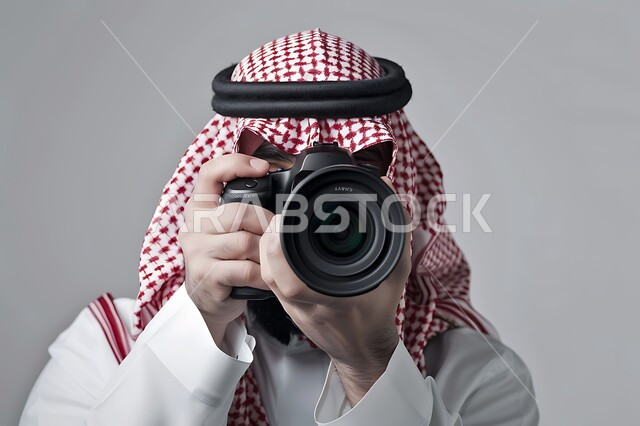 Professionalizing the art of photography using high-resolution digital cameras, Saudi jobs and professions, a close-up portrait of a professional Saudi Arabian Gulf photographer wearing traditional clothing and a shemagh, taking souvenir photos using a photographic camera, gray background