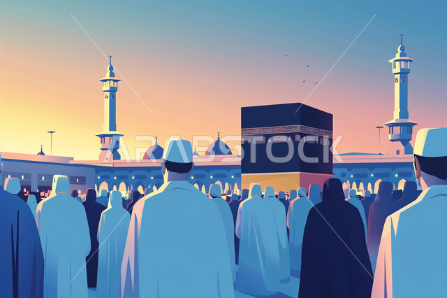 حجاج بيت الله الحرام في ساحات الحرم المكي الشريف، أداء مناسك الحج والعمرة، إقامة الصلاة حول الكعبة المشرفة في مكة المكرمة في المملكة العربية السعودية، أماكن ومعالم إسلامية دينية مقدسة، العبادة والتقرب الى الله تعالى