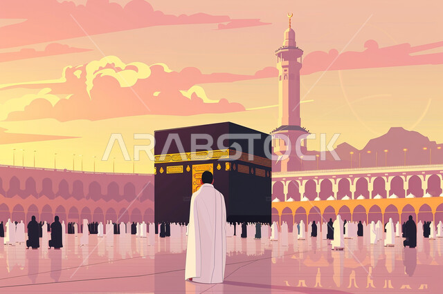 الطواف حول الكعبة المشرفة في مكة المكرمة في المملكة العربية السعودية، حجاج بيت الله الحرام في ساحات الحرم المكي الشريف، أداء مناسك الحج والعمرة، أماكن ومعالم إسلامية دينية مقدسة، العبادة والتقرب الى الله تعالى