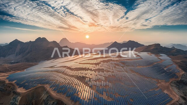محطات الطاقة الشمسية المتجددة، مفهوم إنتاج الطاقة البديلة الصديقة للبيئة في المملكة العربية السعودية، منظر السماء مليئة بالغيوم البيضاء فوق قمم الجبال والمرتفعات عند غروب الشمس، صورة من الأعلى لألواح الطاقة الكهروضوئية