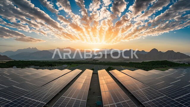  مفهوم إنتاج الطاقة البديلة الصديقة للبيئة في المملكة العربية السعودية، منظر السماء مليئة بالغيوم البيضاء فوق قمم الجبال والمرتفعات عند غروب الشمس، صورة من الأعلى لألواح الطاقة الكهروضوئية، محطات الطاقة الشمسية المتجددة
