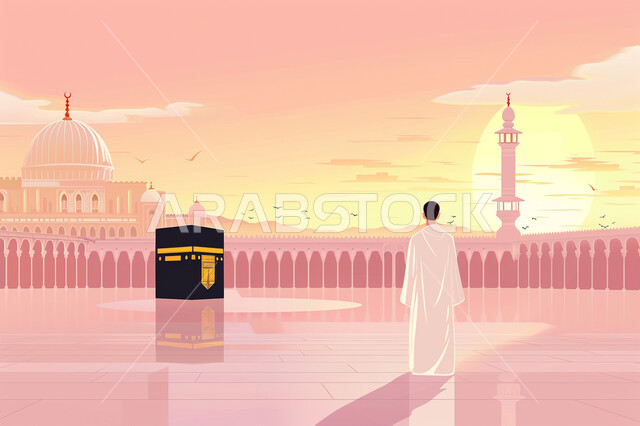 العبادة والتقرب من الله تعالى ، صورة من الخلف لرجل عربي خليجي سعودي مسلم يرتدي ملابس الإحرام يجلس في ساحة الحرم المكي الشريف، الكعبة المشرفة في مكة المكرمة بالمملكة العربية السعودية، أداء فريضة الحج والعمرة