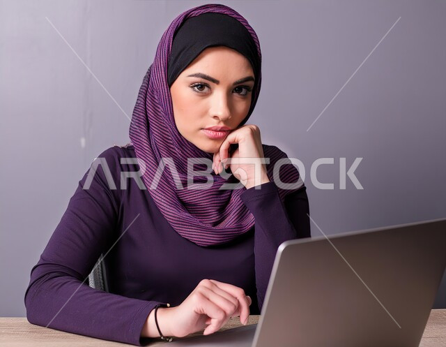 Absent-mindedness and thinking about solving problems, fatigue from work pressures, a veiled Saudi Gulf Arab employee working on the laptop with gestures of sadness and boredom, women’s office professions and jobs, managing and organizing business affairs at the company’s headquarters
