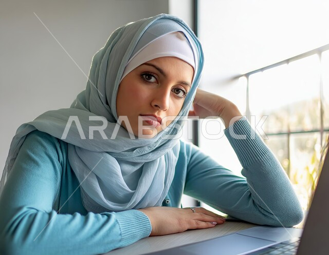التعب من ضغوطات العمل, شرود الذهن والتفكير في حل المشكلات, موظفة عربية خليجية سعودية محجبة تعمل على جهاز الحاسوب المحمول بإيماءات الحزن والضجر, مهن ووظائف مكتبية نسائية, إدارة شؤون الأعمال وتنظيمها في مقر الشركة