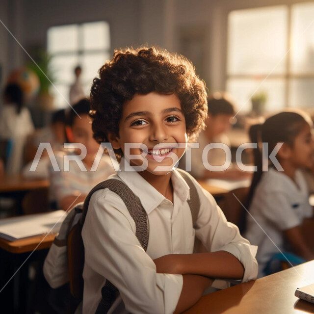 المنهاج التعليمي الخاص بمدارس المملكة العربية السعودية، تلقي المعلومات داخل الفصل الدراسي، صورة مقربة لطالب عربي خليجي سعودي يرتدي الثوب التقليدي يجلس على المقعد الدراسي، تنمية المهارات الثقافية والفكرية