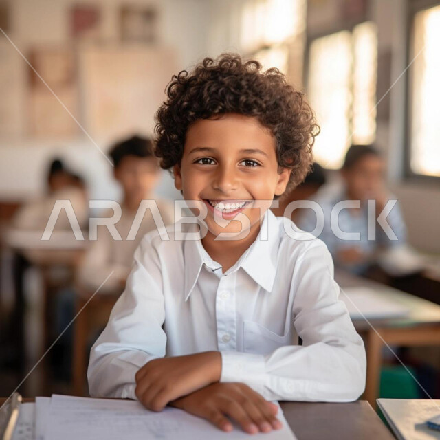  التربية والتعليم بالمناهج المقررة للطلاب في المملكة العربية السعودية، تلقي المعلومات داخل الفصل الدراسي، صورة مقربة لطالب عربي خليجي سعودي يرتدي الثوب التقليدي يجلس على المقعد الدراسي، تنمية المهارات الثقافية والفكرية