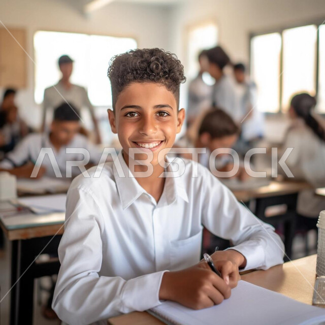Education according to the curricula prescribed for students in the Kingdom of Saudi Arabia, receiving information in the classroom, a close-up photo of a Saudi Gulf Arab student wearing a traditional dress sitting on a school desk, performing schoolwork, developing cultural and intellectual skills