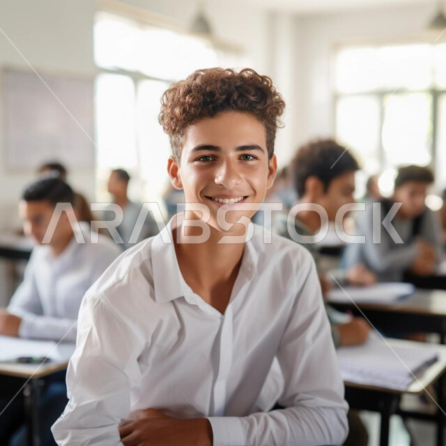 تنمية المهارات الثقافية والفكرية، التربية والتعليم بالمناهج المقررة للطلاب في المملكة العربية السعودية، تلقي المعلومات داخل الفصل الدراسي، صورة مقربة لطالب عربي خليجي سعودي يرتدي الثوب التقليدي يجلس على المقعد الدراسي،