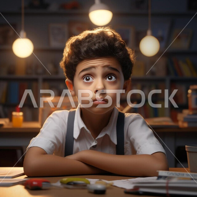 التفكير وشرود الذهن، النظر إلى مكان ما بإيماءات العبوس والملل، الشعور والاحساس بالضجر والارهاق، ولد عربي خليجي سعودي يرتدي الزي الكاجوال يجلس على طاولة الدراسة، إنتظار شيء ما