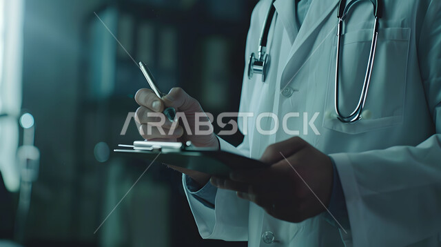 تسجيل وتدوين معلومات وملفات المرضى, صورة مقربة لطبيب عربي خليجي سعودي يرتدي المعطف الطبي الأبيض, تقديم الخدمات العلاجية في المراكز الطبية والمستشفيات، مفهوم الرعاية الصحية في السعودية