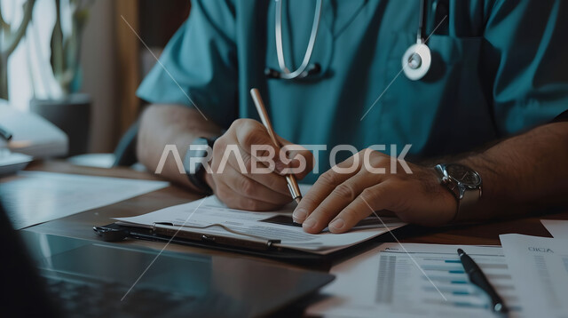 تسجيل وتدوين معلومات وملفات المرضى, صورة مقربة لطبيب عربي خليجي سعودي يرتدي المعطف الطبي الأبيض, تقديم الخدمات العلاجية في المراكز الطبية والمستشفيات، مفهوم الرعاية الصحية في السعودية