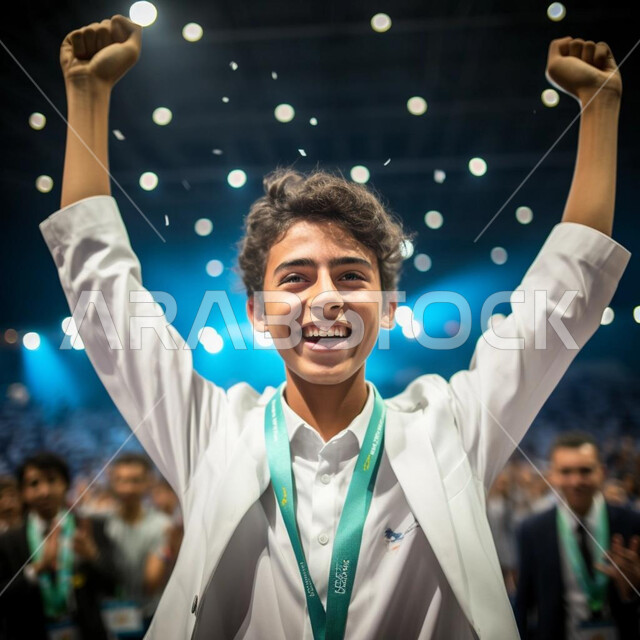 تعابير الفرح والسرور، تحقيق النجاح والانتصار في المنافسات، صورة مقربة لولد عربي خليجي سعودي مبتسم يرفع يديه عاليا بايماءات السعاده، مفهوم الفوز بالبطولات