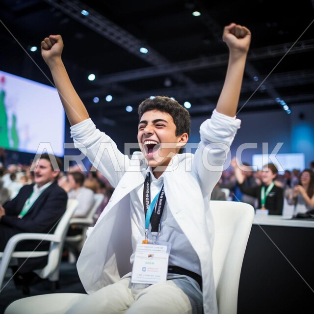 تحقيق النجاح والانتصار في المنافسات، صورة مقربة لولد عربي خليجي سعودي مبتسم يرفع يديه عاليا بايماءات السرور والسعاده، مفهوم الفوز بالبطولات