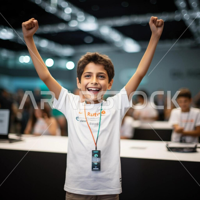 Achieving success and victory in competitions, a close-up photo of a smiling Saudi Gulf Arab boy raising his hands high with gestures of pleasure and happiness, the concept of winning championships