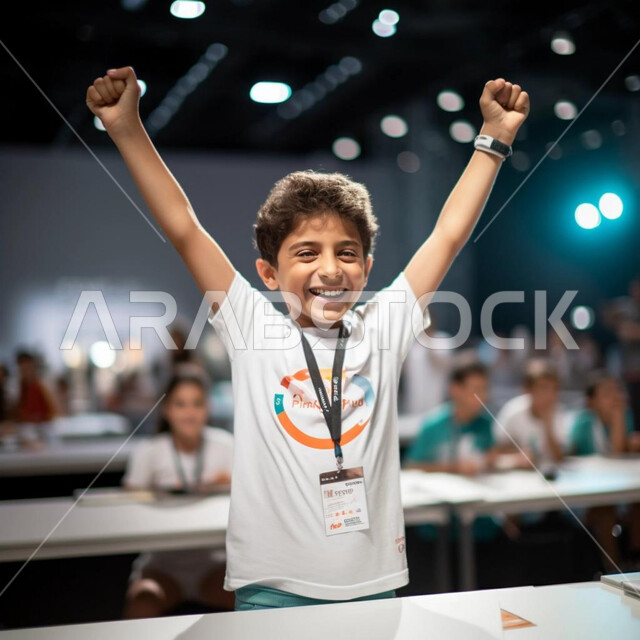 Expressions of joy and pleasure, achieving success and victory in competitions, a close-up picture of a smiling Saudi Gulf Arab boy raising his hands high with happy gestures, the concept of winning championships.