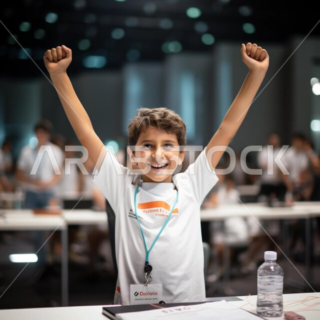Achieving success and victory in competitions, a close-up photo of a smiling Saudi Gulf Arab boy raising his hands high with gestures of pleasure and happiness, the concept of winning championships