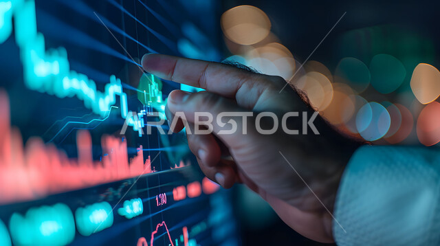 مراقبة الرسوم البيانيه الهولوجراميه على الشاشات الالكترونيه المضيئه، صورة مقربة ليدين لرجل أعمال عربي خليجي سعودي يقوم بمراقبة ارتفاع وانخفاض الأسهم في سوق البورصه، دمج التكنولوجيا المتطورة مع العمل، إنجاز وتحقيق أهداف الشركة, تداول العملة الرقمية