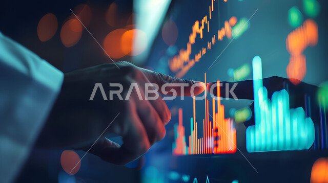 مراقبة الرسوم البيانيه الهولوجراميه على الشاشات الالكترونيه المضيئه، صورة مقربة ليدين لرجل أعمال عربي خليجي سعودي يقوم بمراقبة ارتفاع وانخفاض الأسهم في سوق البورصه، دمج التكنولوجيا المتطورة مع العمل، إنجاز وتحقيق أهداف الشركة, تداول العملة الرقمية